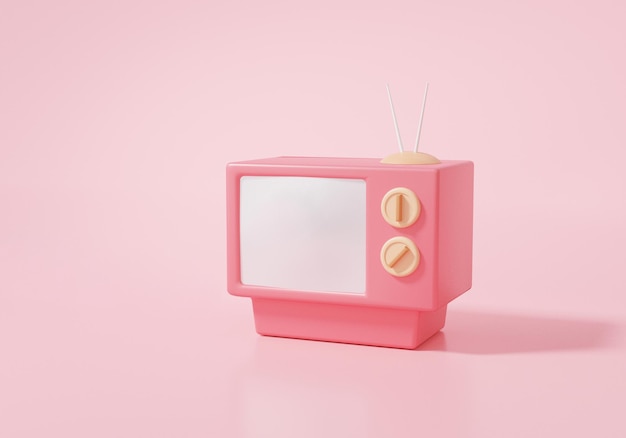 Foto tela branca rosa vintage de tv de desenho animado mínima em fundo pastel rosa conexão de mídia banner espaço de cópia ilustração de renderização 3d