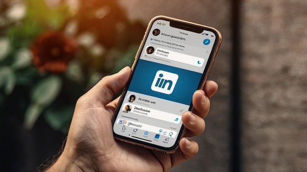 Foto telefon mit linkedin-symbol mit festem farbigen hintergrund social-media-mockup-vorlage