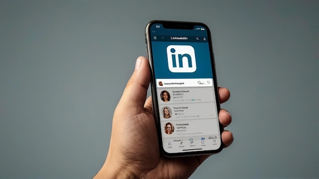 Foto telefon mit linkedin-symbol mit festem farbigen hintergrund social-media-mockup-vorlage