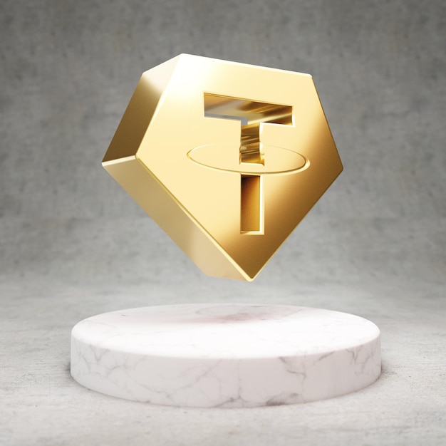 Tether-Kryptowährungssymbol Gold 3d gerendert Tether-Symbol auf weißem Marmorpodest