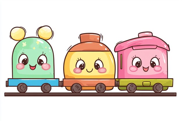 Foto título trem de brinquedo de desenho animado com carros coloridos