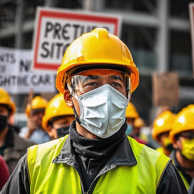 Foto trabalhador da construção no local de construção com capacete de segurança e colete