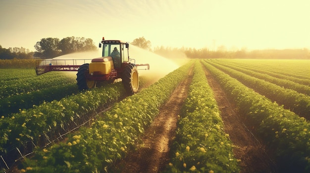 Traktor besprüht im Frühling mit einem Sprühgerät Pestizide auf ein Sojabohnenfeld