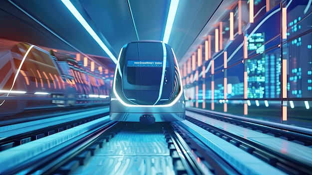 Foto trem de metrô futurista chegando a uma moderna estação de metrô design de trem elegante em um sistema de trânsito urbano de alta tecnologia gerado por ia