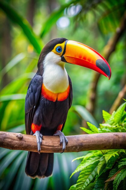 Foto tucano, pássaro exótico tropical da floresta tropical, com seu icônico bico amarelo-alaranjado, sentado no galho de uma árvore cercado de vegetação