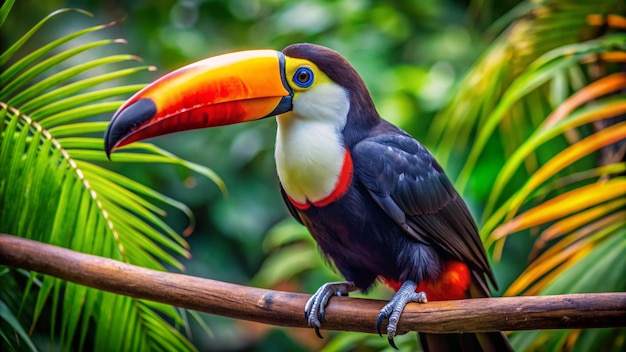 Foto tucano, pássaro exótico tropical da floresta tropical, com seu icônico bico amarelo-alaranjado, sentado no galho de uma árvore cercado de vegetação