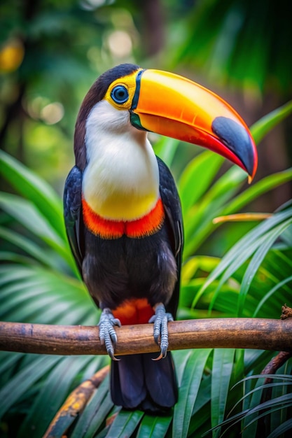 Foto tucano, pássaro exótico tropical da floresta tropical, com seu icônico bico amarelo-alaranjado, sentado no galho de uma árvore cercado de vegetação