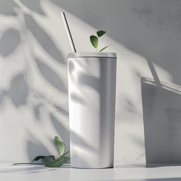 Foto tumbler branco com palha e folhas