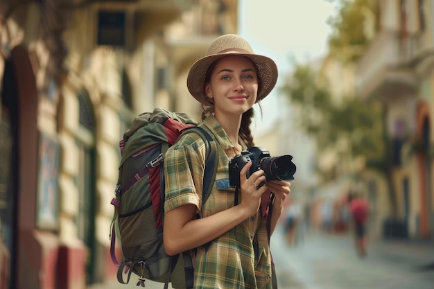 Foto turista feminina positiva com câmera fotográfica com espaço de cópia em fundo amarelo