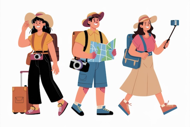 Foto turistas de desenhos animados coloridos em uma aventura de viagem