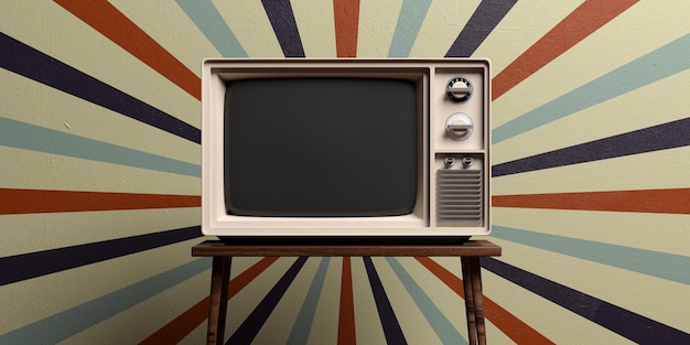 Tv antiga retrô na ilustração 3d de fundo de parede vintage de circo