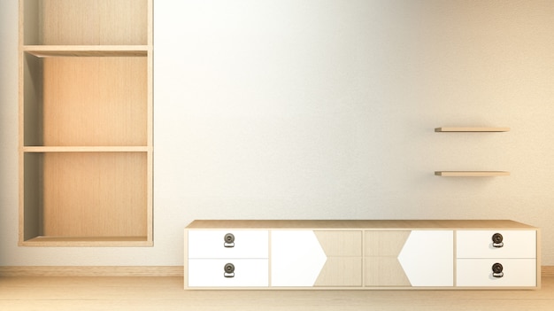 TV-Schrank und Anzeige japanisches Interieur des Wohnzimmers. 3D-Rendering