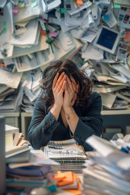 Foto Überwältigter angestellter in einem chaotischen büro, der den druck und den stress am arbeitsplatz für die gestaltung von geschäftsplakaten hervorhebt