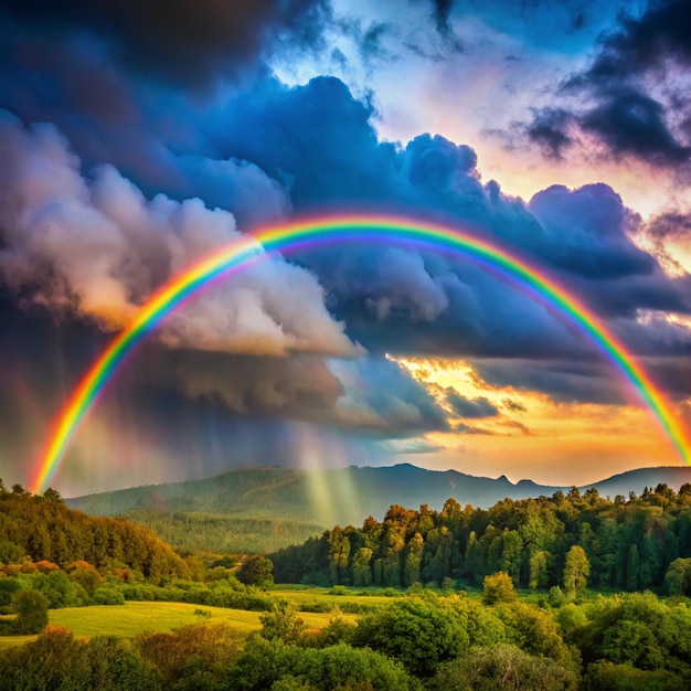 Foto um arco-íris é visto no céu acima de uma floresta