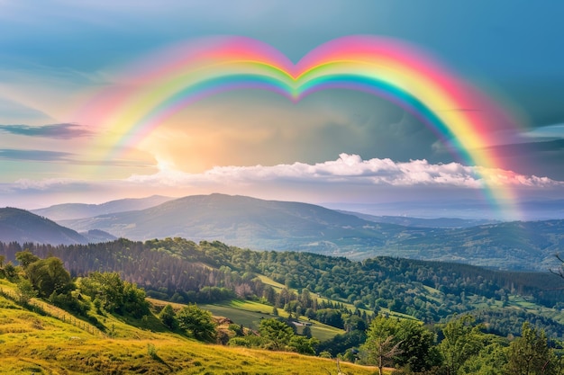 Foto um arco-íris em forma de coração sobre um vale cênico com cores vibrantes e céu limpo, perfeito para cartazes ou cartões