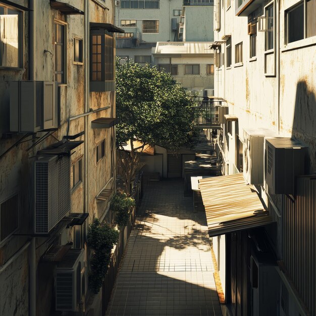 Foto um beco estreito com uma árvore e um edifício com um sinal que diz 