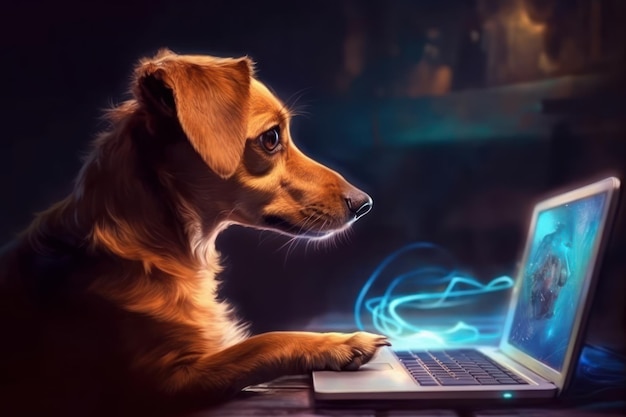 Um cachorro está sentado na frente de um laptop com uma luz azul na tela.