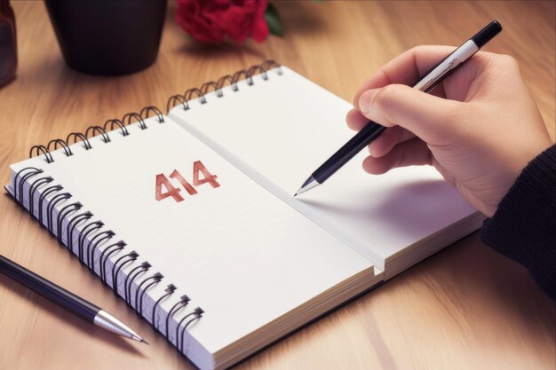 Foto um caderno com o número 44 em cima dele está em uma mesa de madeira