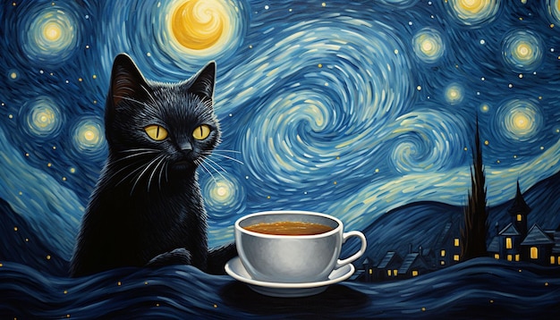 um café brilhante de gato preto e lua crescente em uma noite estrelada brilhante