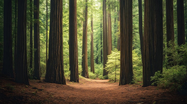 Foto um caminho de terra leva através de uma floresta de sequóias exuberantes a luz do sol filtrando através das árvores altas