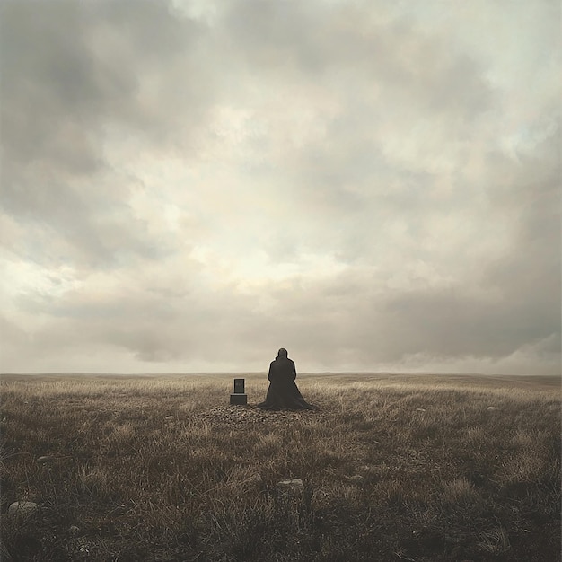 Foto um campo desolado sob um céu nublado com uma árvore solitária à distância.