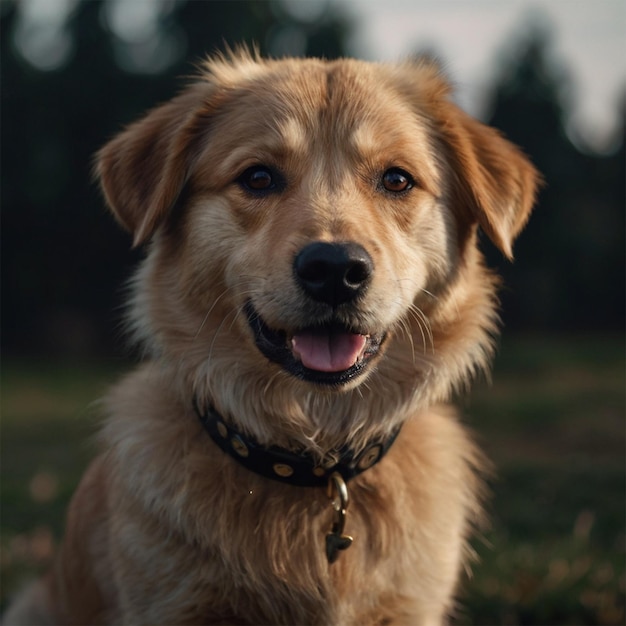 um cão com uma coleira que diz o nome do cão