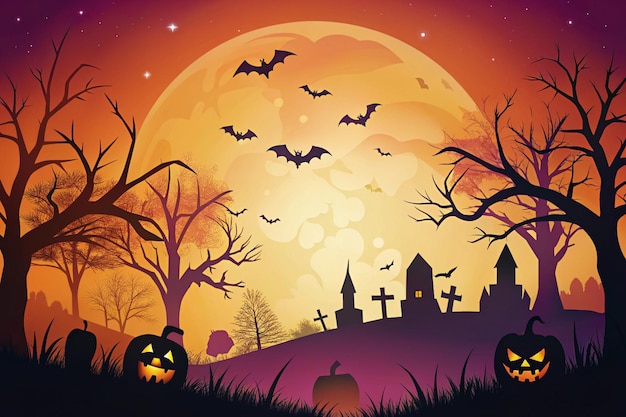 Foto um cartaz de halloween com abóboras e morcegos