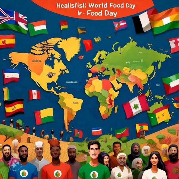 Foto um cartaz de um mapa do mundo com o maior dia de comida do mundo