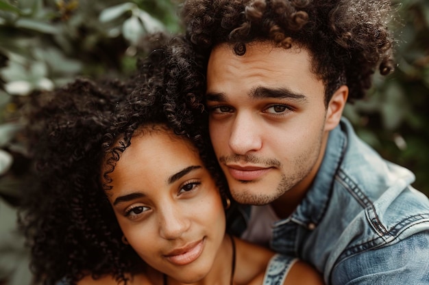 Foto um casal apaixonado posando para a câmera lá fora.