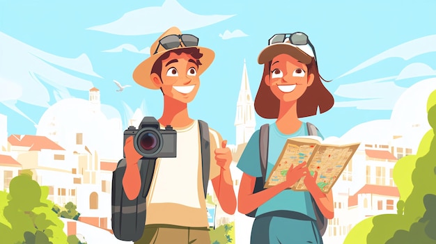 Foto um casal de turistas a visitar o centro de uma cidade europeia com um mapa e uma câmara