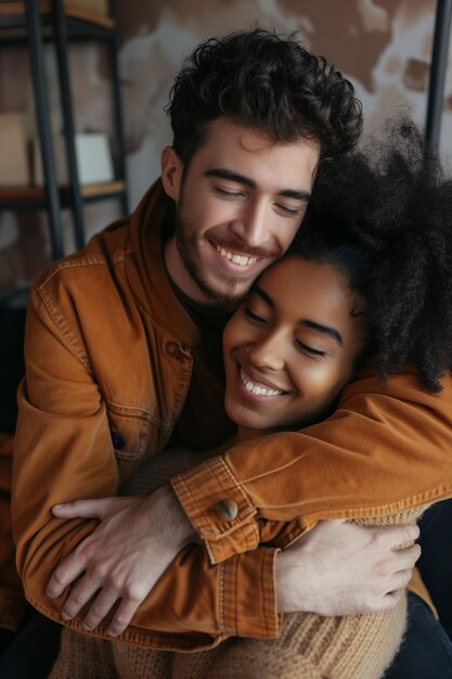 Foto um casal feliz de várias raças abraçando-se em sua primeira casa juntos