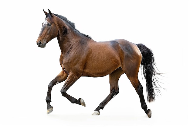 Foto um cavalo castanho com uma cauda preta está correndo na frente de um fundo branco