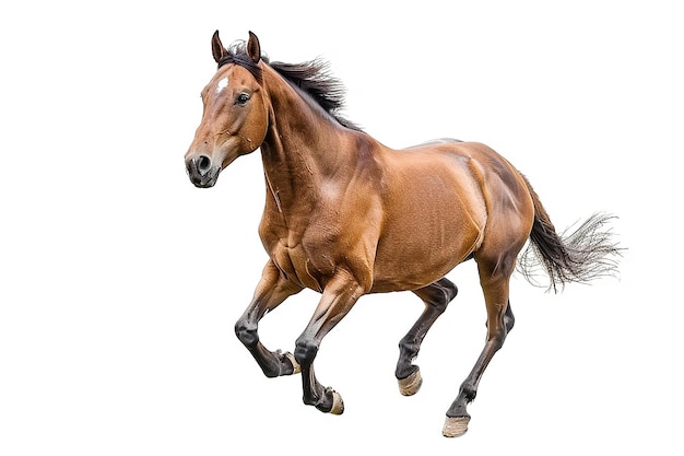 Foto um cavalo com uma crina preta correndo no ar