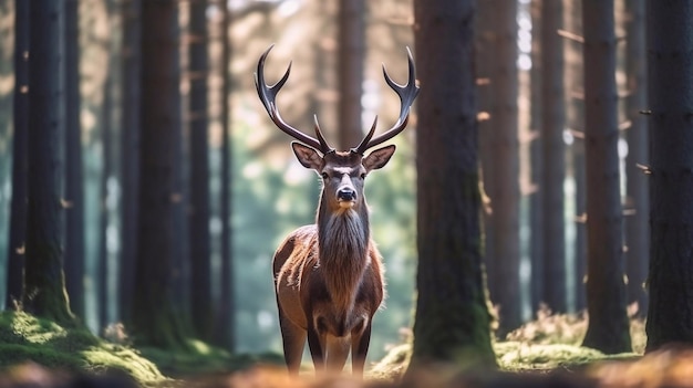 Um cervo na floresta com o sol brilhando sobre ele Fotografia da vida selvagem