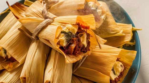 Um close-up de um lote de tamales recém-feitos