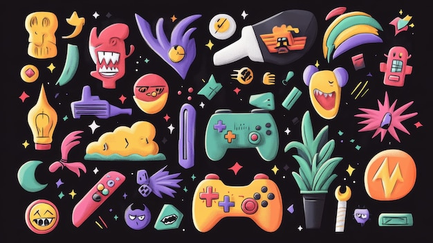 Foto um conjunto colorido de ícones de jogos com monstros de gamepads e itens de fantasia