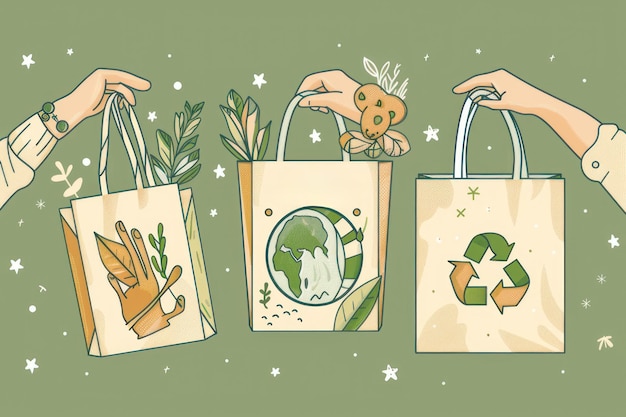 Foto um conjunto de três ilustrações em um estilo de arte de linha com mãos segurando sacos de compras ecológicos com tons verdes e terrestres