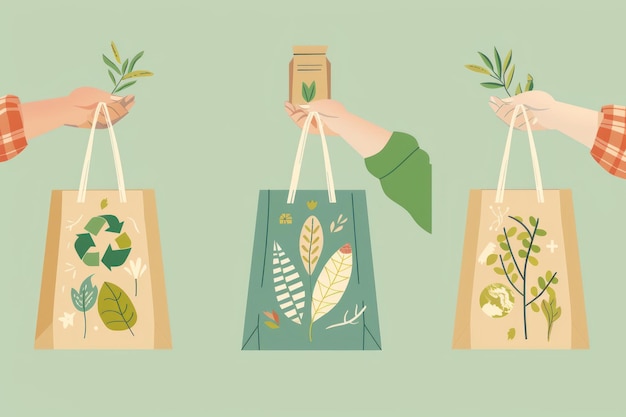 Foto um conjunto de três ilustrações em um estilo de arte de linha com mãos segurando sacos de compras ecológicos com tons verdes e terrestres