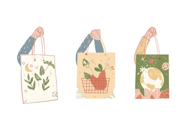 Foto um conjunto de três ilustrações em um estilo de arte de linha com mãos segurando sacos de compras ecológicos com tons verdes e terrestres