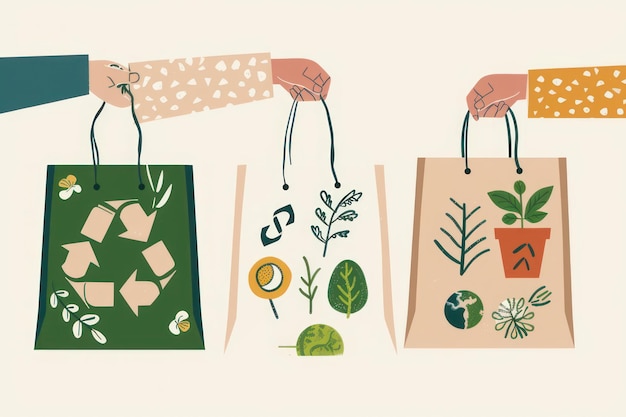 Foto um conjunto de três ilustrações em um estilo de arte de linha com mãos segurando sacos de compras ecológicos com tons verdes e terrestres