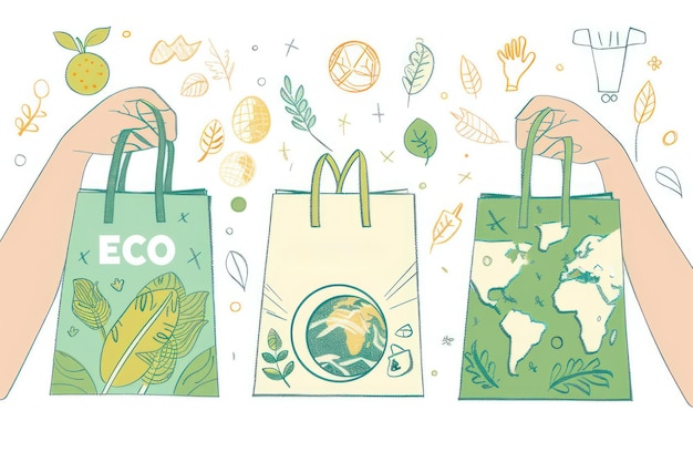 Foto um conjunto de três ilustrações em um estilo de arte de linha com mãos segurando sacos de compras ecológicos com tons verdes e terrestres