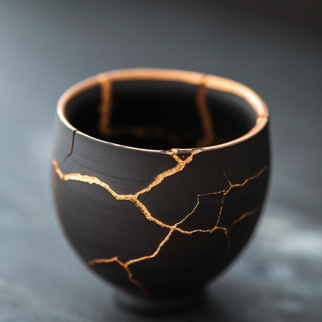 Foto um copo de cerâmica com linha de ouro isolado no escuro com kintsugi de fundo branco