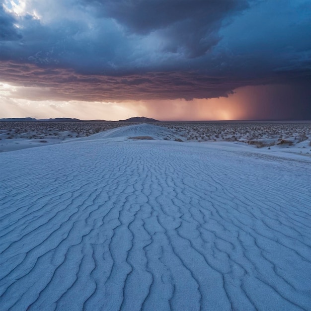 Foto um deserto com um céu nublado e um arco-íris ao fundo