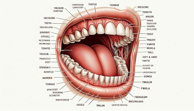 Foto um diagrama de uma boca humana com o maxilar inferior rotulado