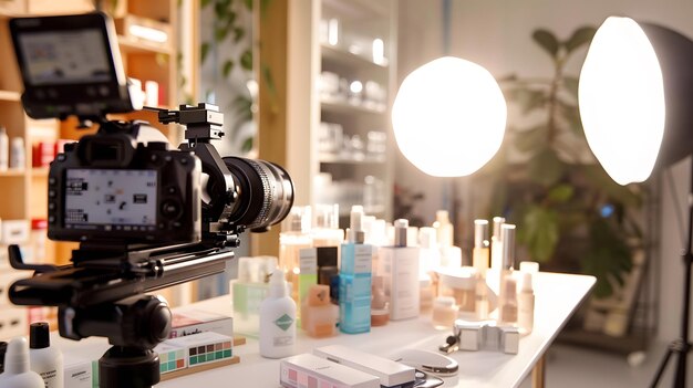 Foto um estúdio moderno e brilhante com uma câmera focada em uma variedade de produtos de beleza