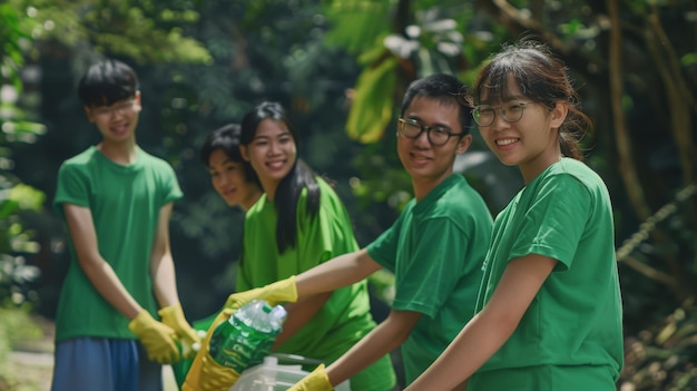 Foto um grupo de jovens voluntários sorridente em camisas verdes trabalham juntos ao ar livre, lidando entusiasticamente com materiais de reciclagem e mostrando trabalho em equipe em um ambiente verde exuberante.