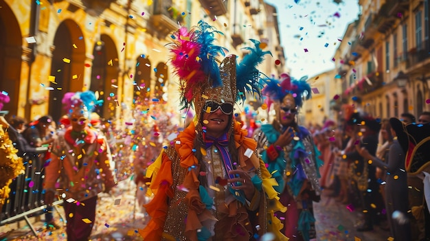 um grupo de pessoas em trajes coloridos estão andando por uma rua