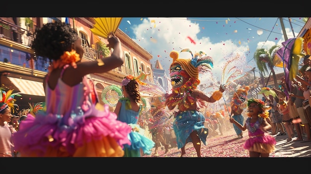 Foto um grupo de pessoas em trajes coloridos estão dançando em um carnaval