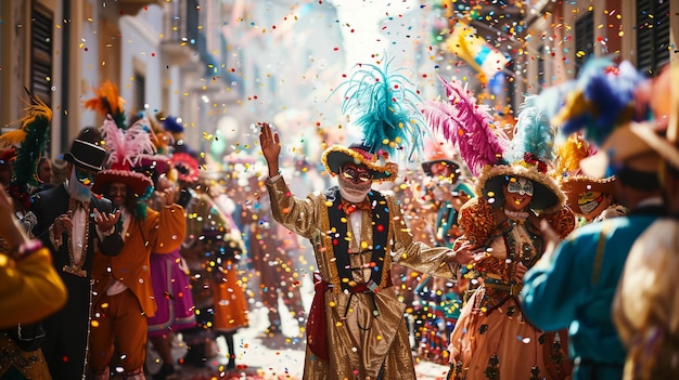 um grupo de pessoas em trajes e chapéus estão celebrando um carnaval