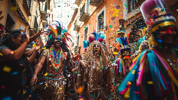 um grupo de pessoas em trajes e penas estão andando por uma rua